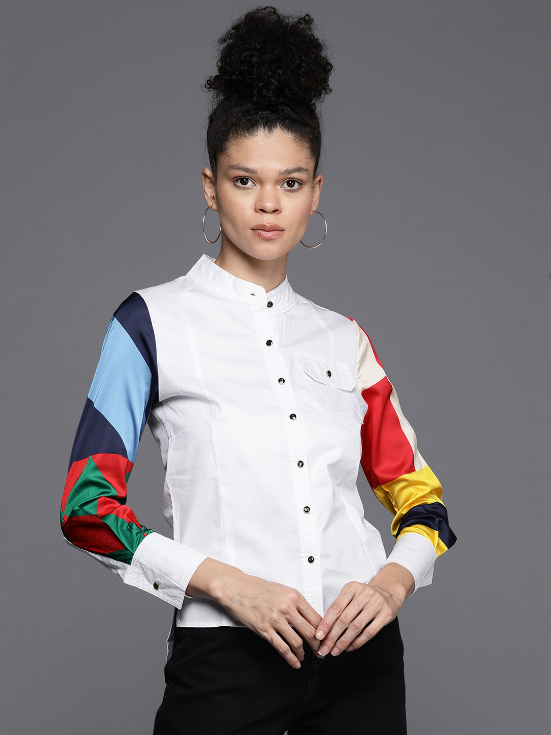 JC Collection Colourblocked Sleeves Band Collar High-Low Shirt