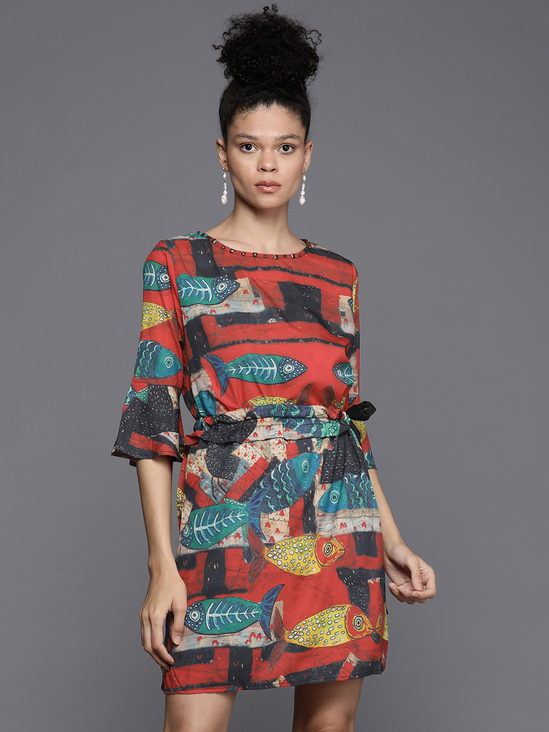 JC Collection Printed Cotton Linen Waist Tie-Up A-Line Mini Dress