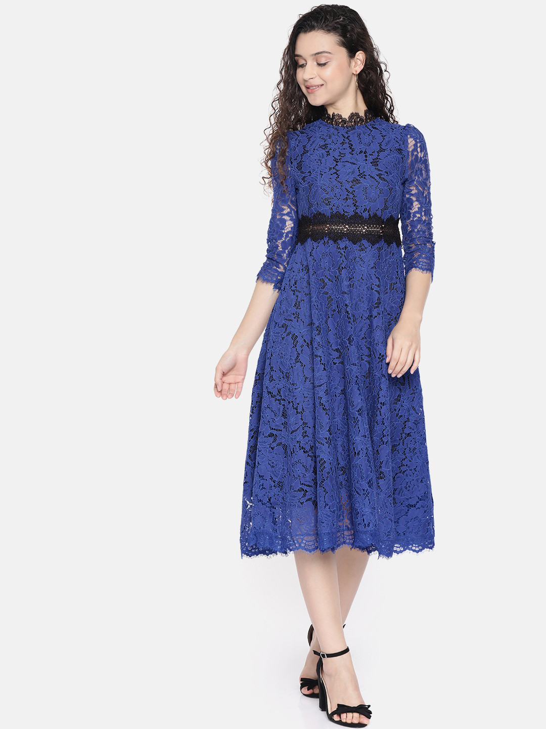 JC Collection Women Navy Blue Self Design Fit and Flare Dress