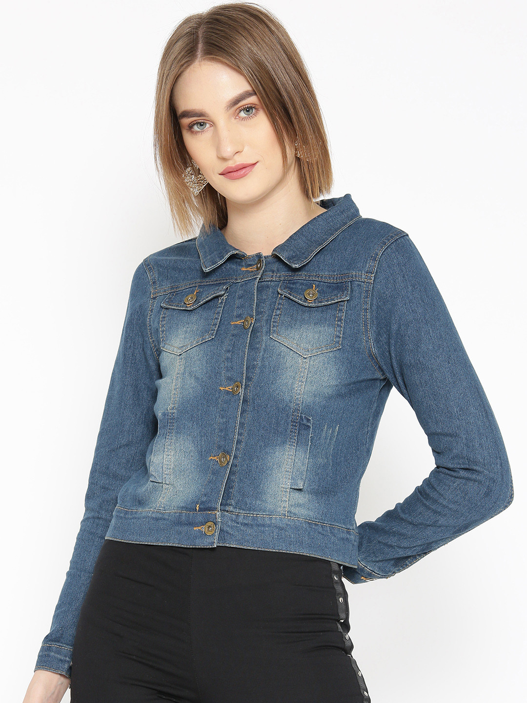 JC Collection Women Navy Blue Solid Denim Jacket
