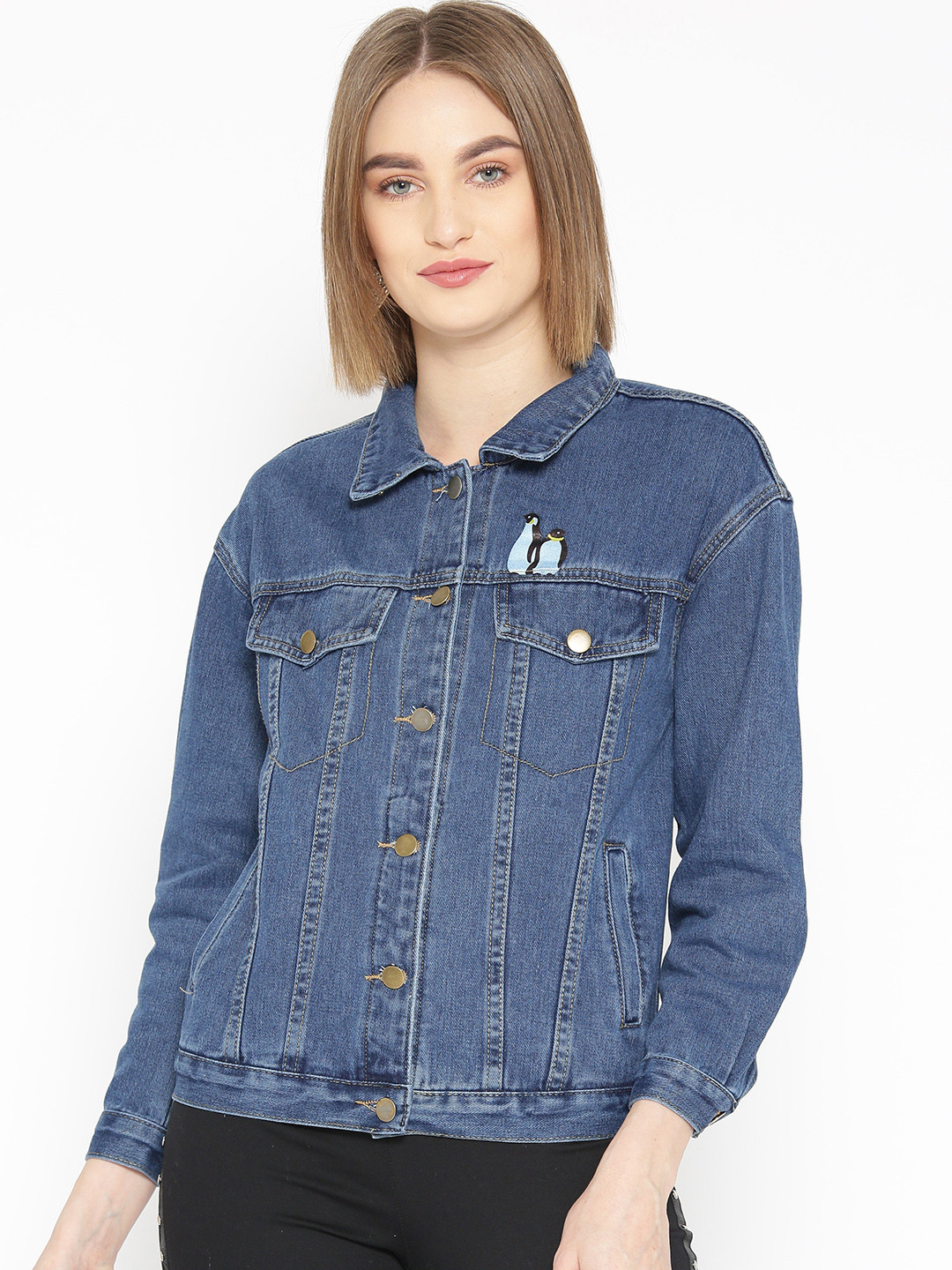 JC Collection Women Navy Blue Printed Denim Jacket