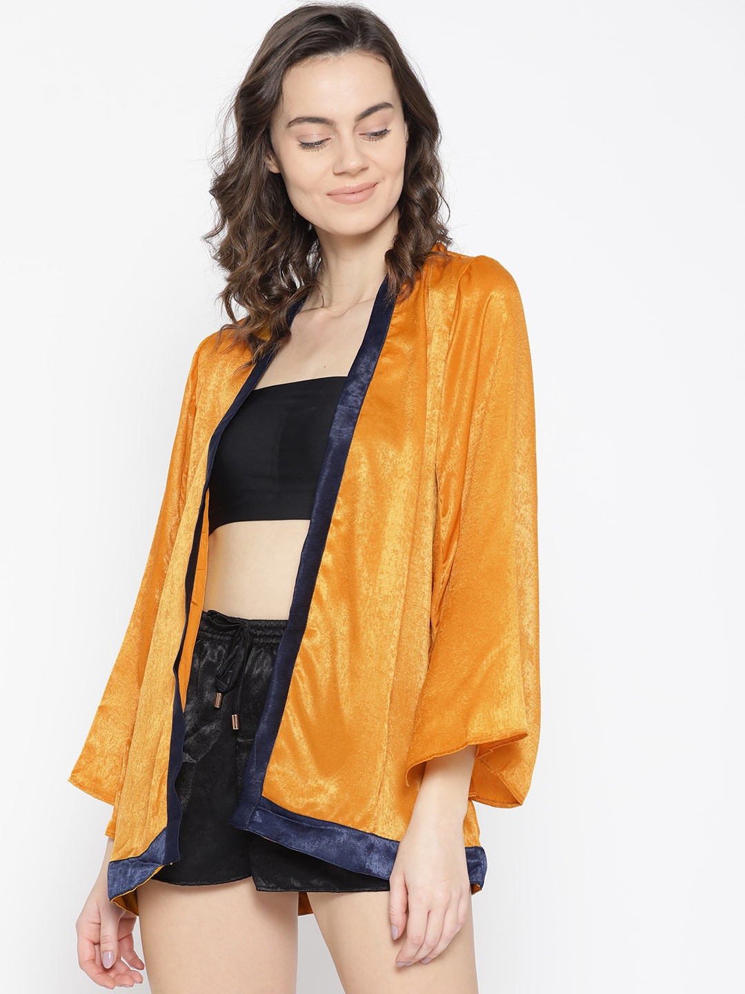 Aoba Women Mustard Yellow Solid Mini Robe With Satin Finish