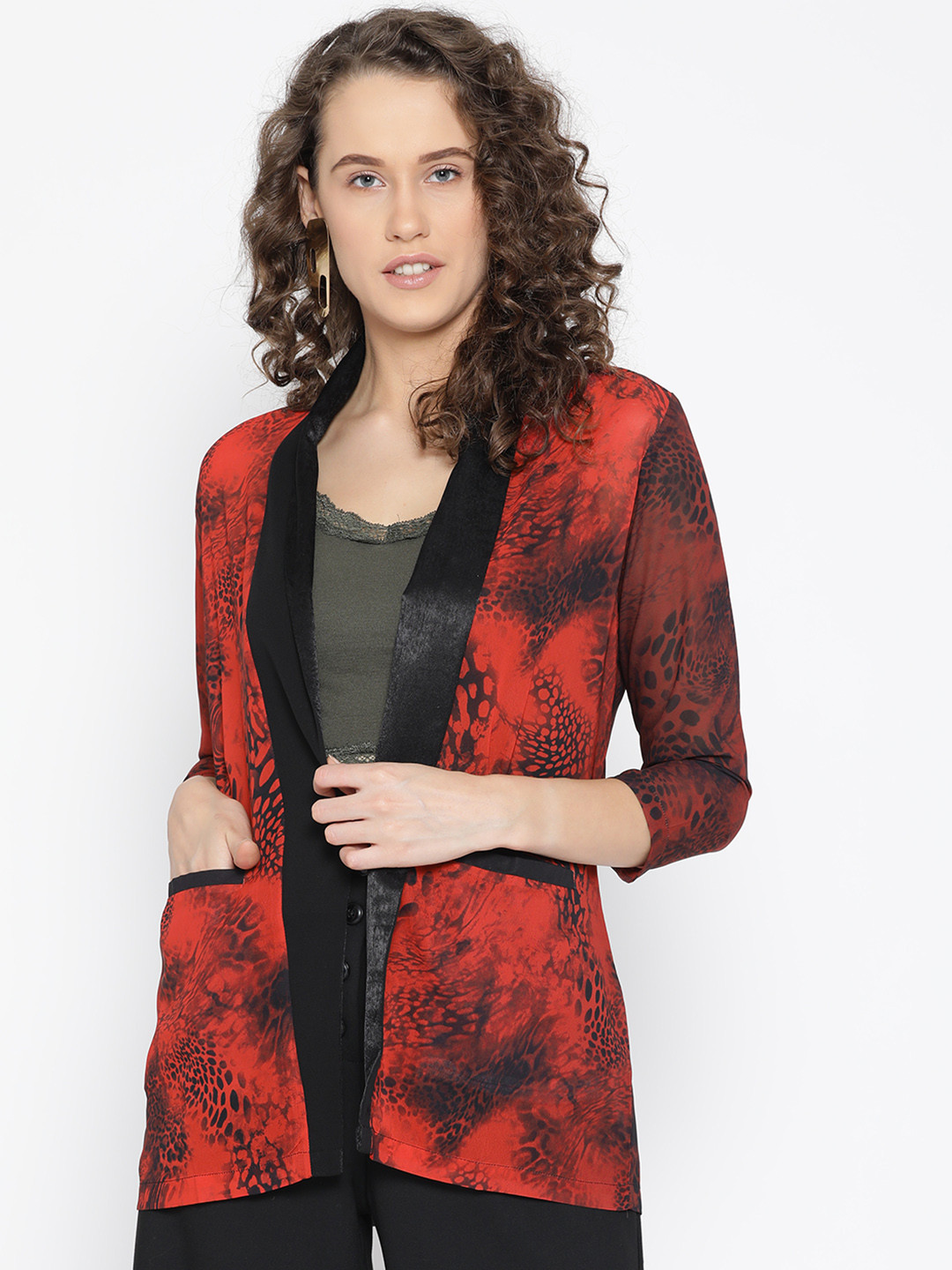 Aoba Women Black & Red Snakeskin Print Open Front Jacket with Satin Finish
