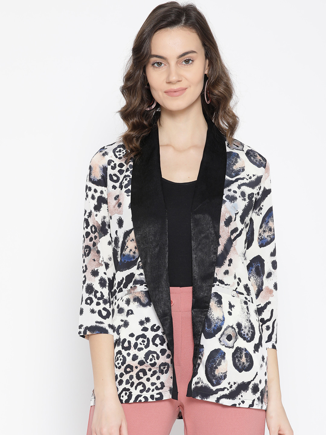 Aoba Women Off-White & Black Animal Print Open Front Jacket with Satin Finish