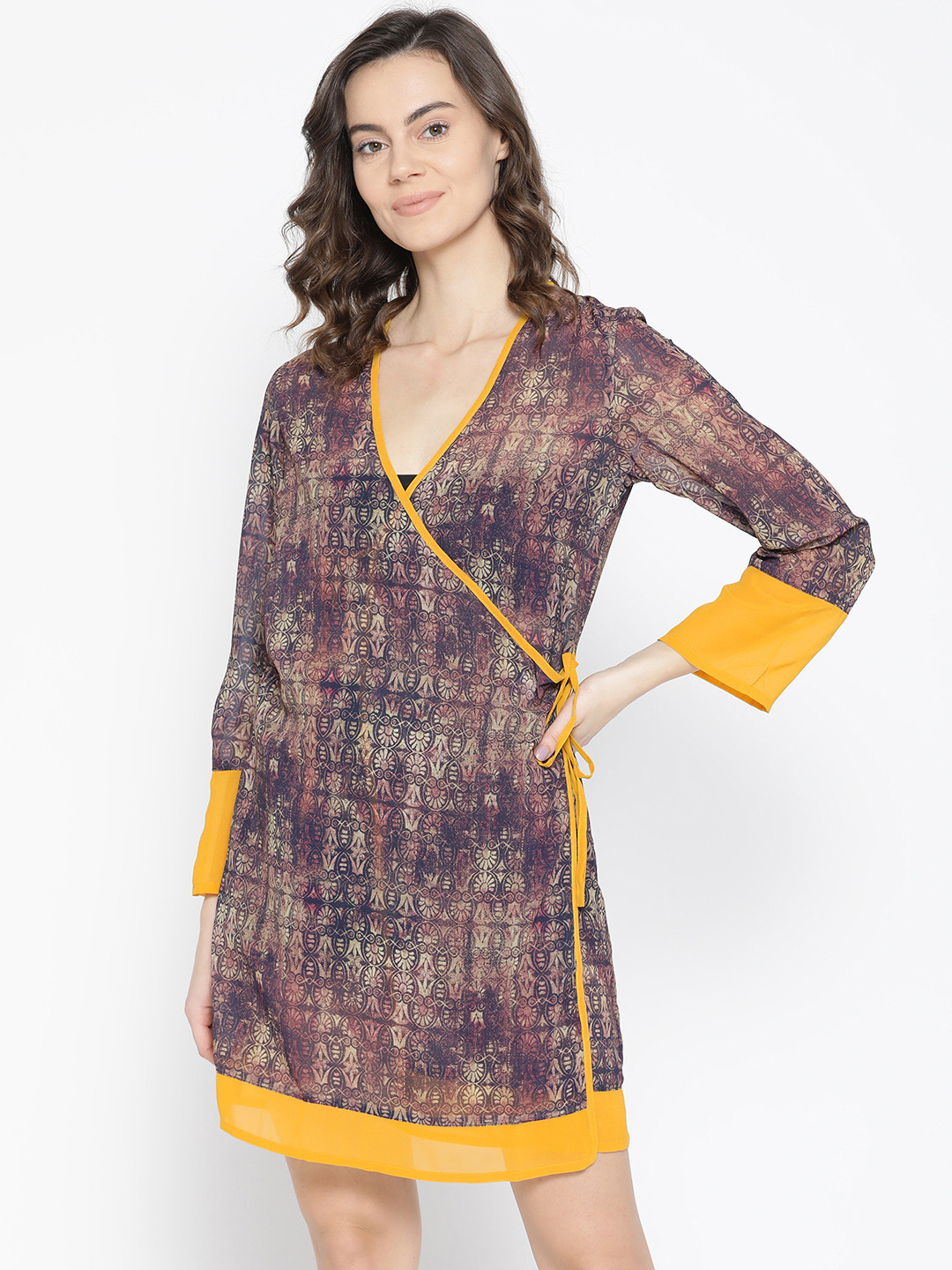 Aoba Women Purple & Cream-Coloured Printed Knee Length Sheer Robe