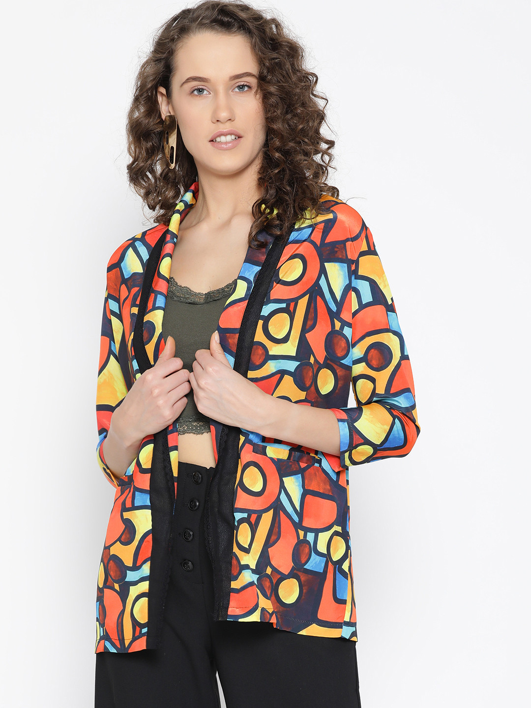 Aoba Women Red & Blue Printed Open Front Jacket with Satin Finish