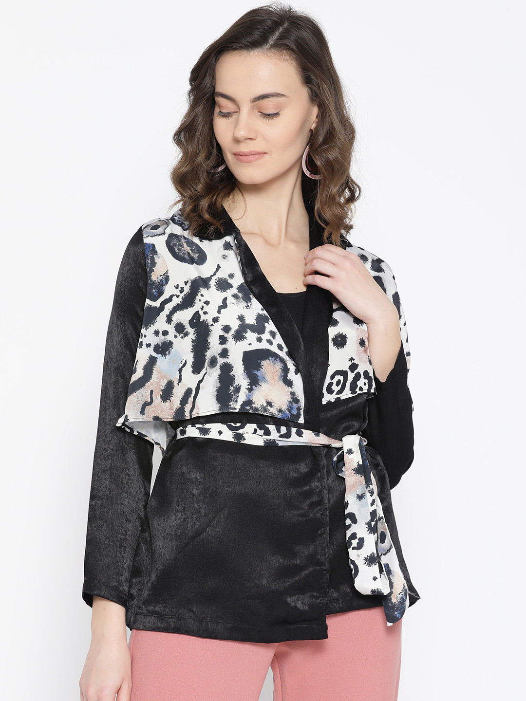 Aoba Women Black & Off-White Animal Print Layered Tailored Jacket