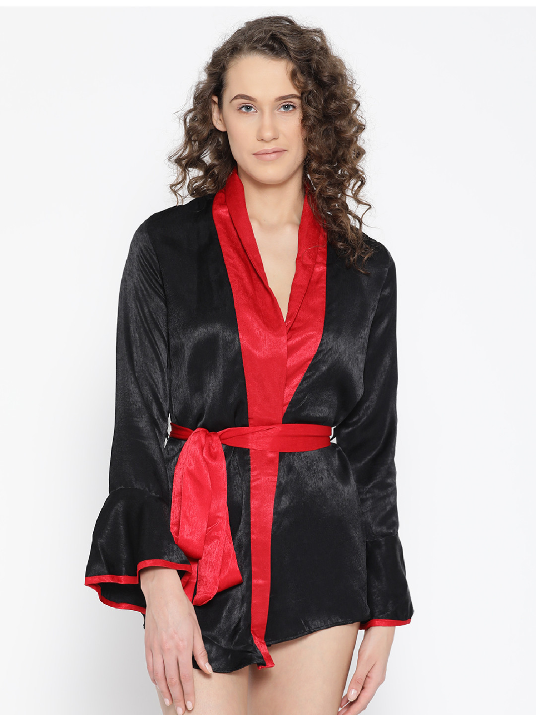 Aoba Women Black Solid Mini Length Robe With Satin Finish