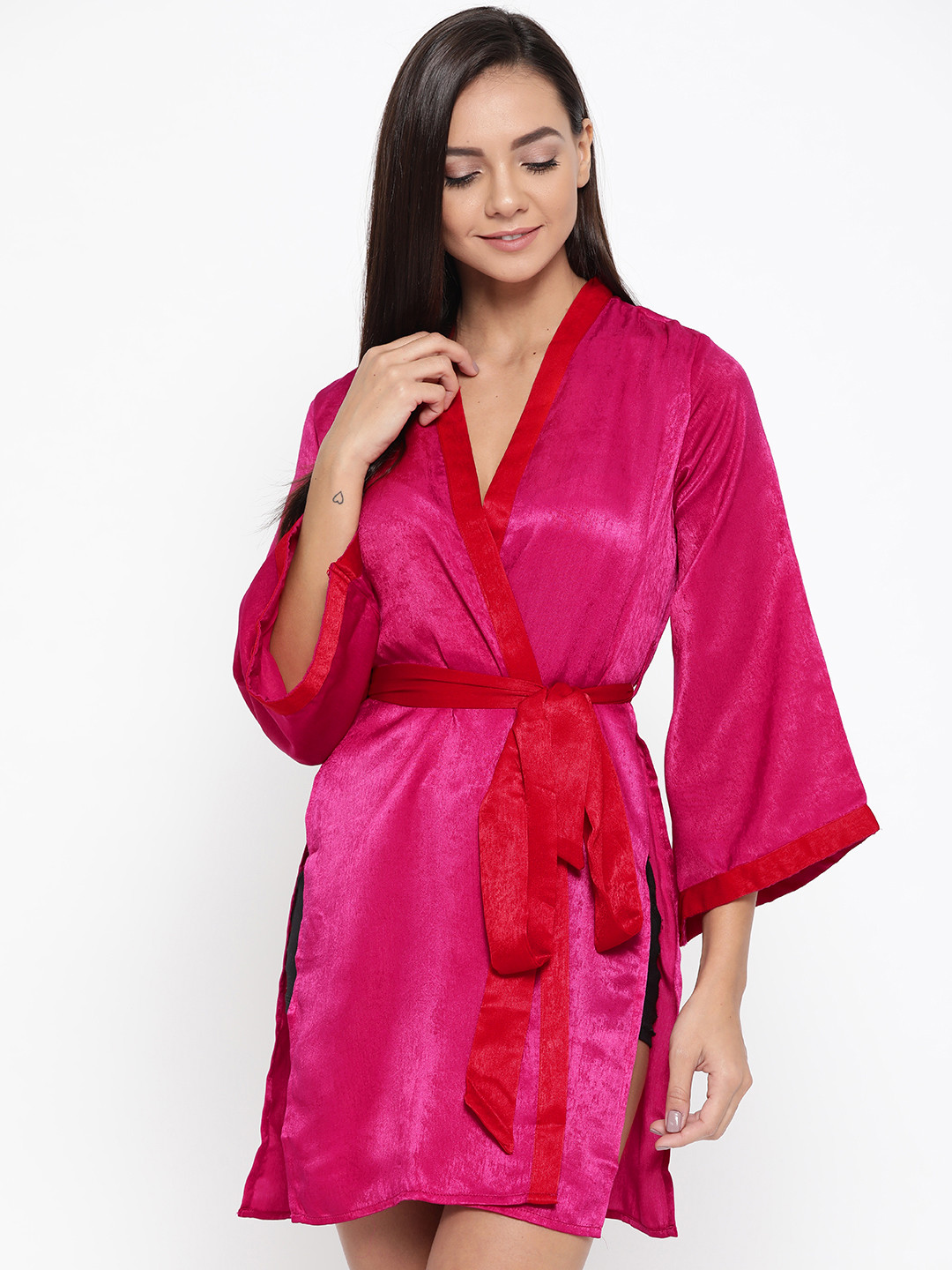 Aoba Women Pink Solid Satin Finish Mini Robe