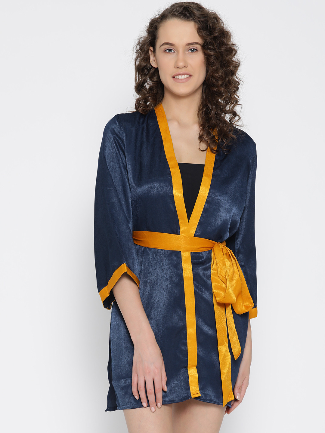 Aoba Women Navy Blue Solid Mini Length Robe With Satin Finish