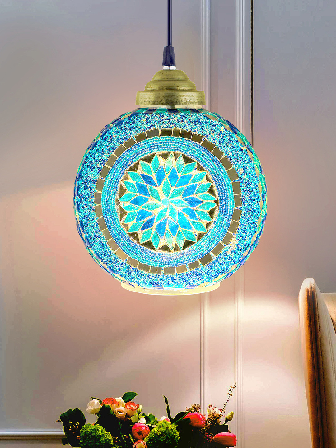 Homesake Blue Embellished Handcrafted Turkish Moroccan Mosaic Hanging Light