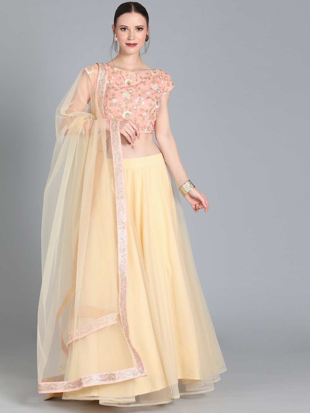 Ethnovog Peach-Coloured  Cream-Coloured Embroidered Made to Measure Lehenga  Blouse with Dupatta