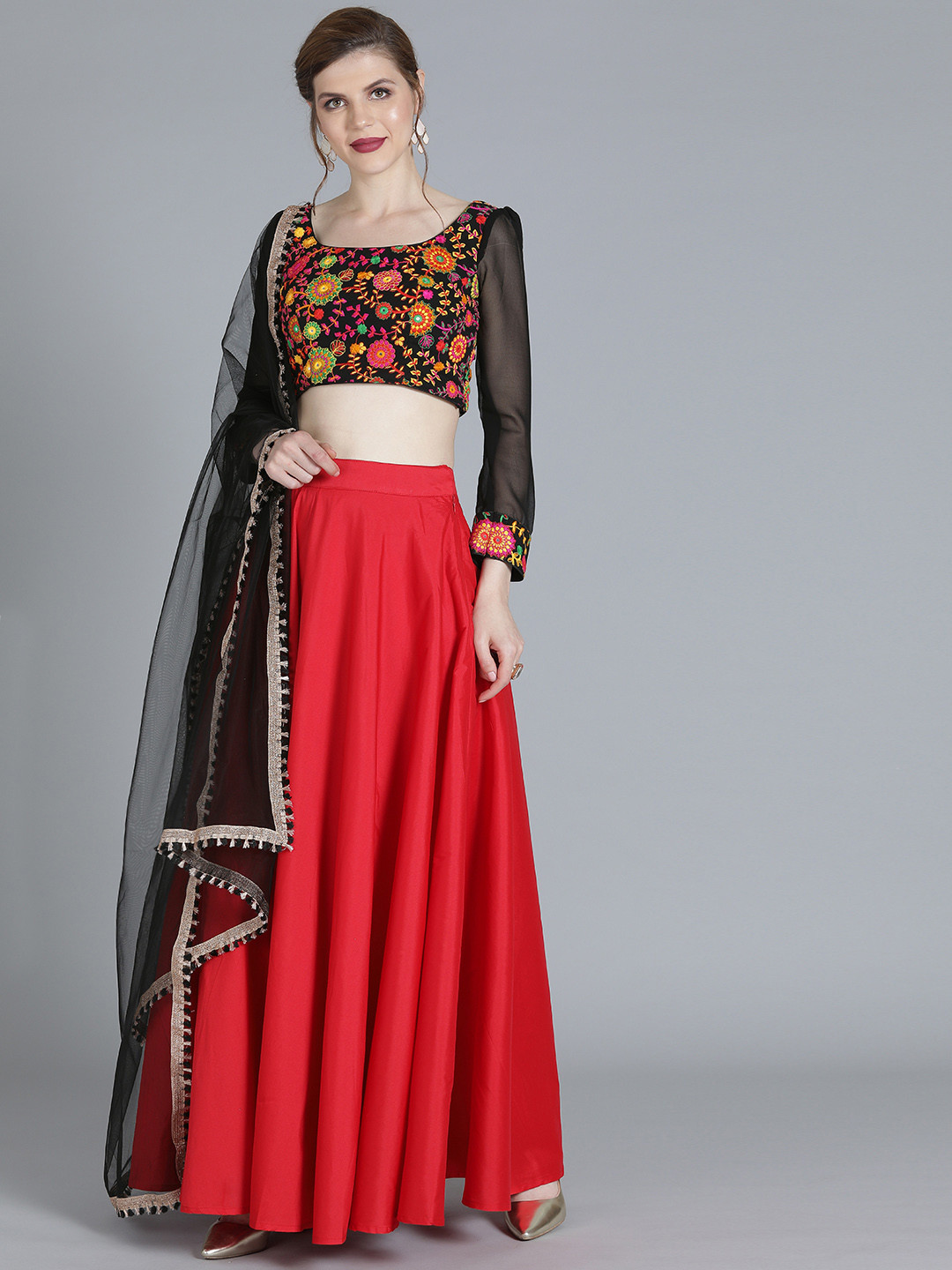 Ethnovog Red  Black Embroidered Made to Measure Lehenga  Blouse with Dupatta