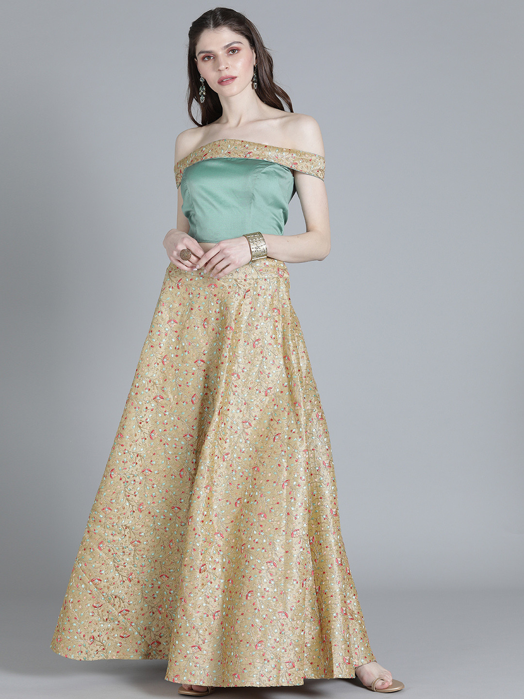 Ethnovog Sea Green  Beige Made to Measure Lehenga with Blouse