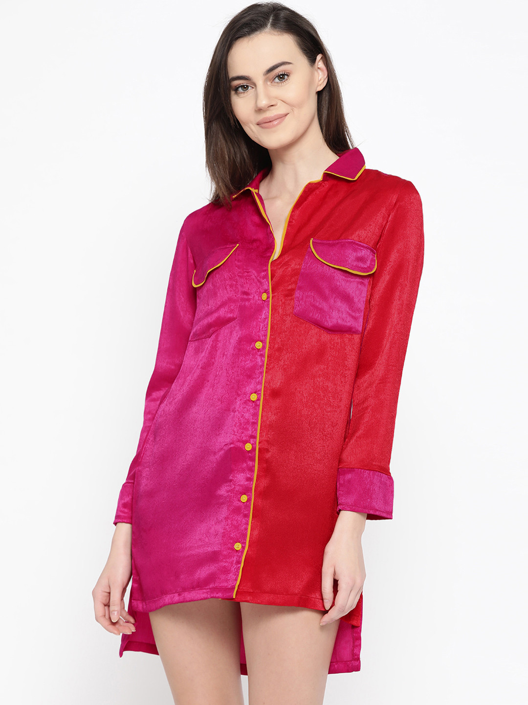 Aoba Women Magenta & Red Satin Finish Colourblocked Sleep Shirt