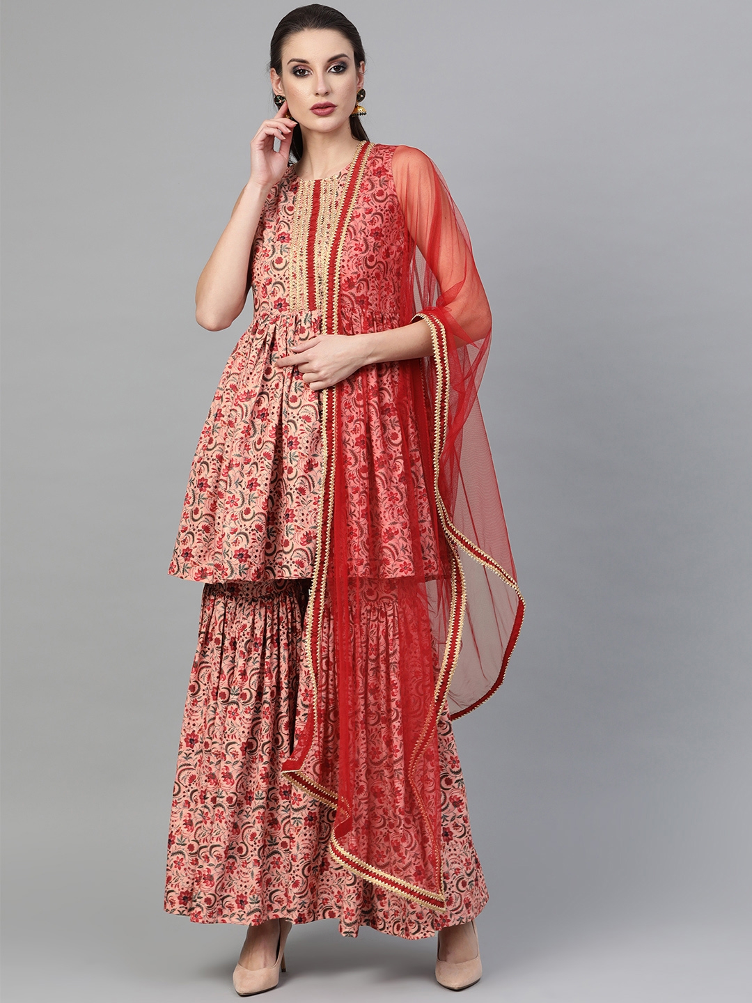 Buy Inddus Women Pink  Red Printed Kurti With Sharara  Dupatta  Kurta  Sets for Women 11066956  Myntra
