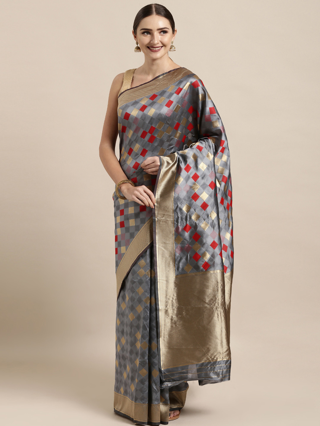 Satrani Grey & Golden Poly Silk Woven Design Kanjeevaram Saree