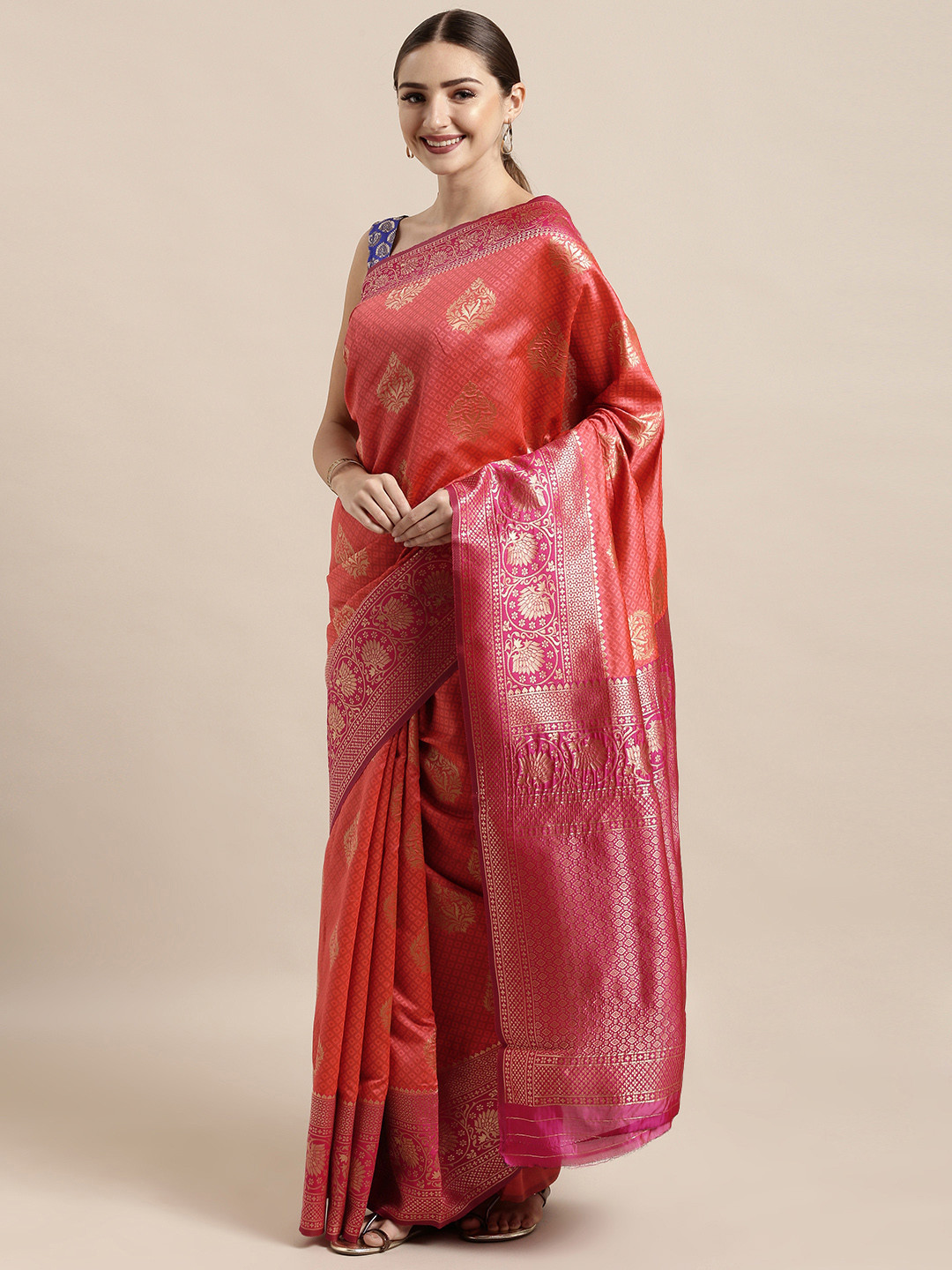 Satrani Pink Poly Silk Woven Design Kanjeevaram Saree