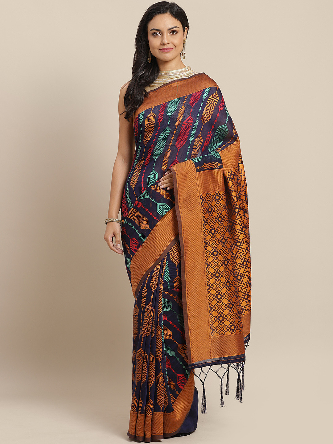 Saree mall Navy Rust Orange & Navy Blue Woven Design Banarasi Saree