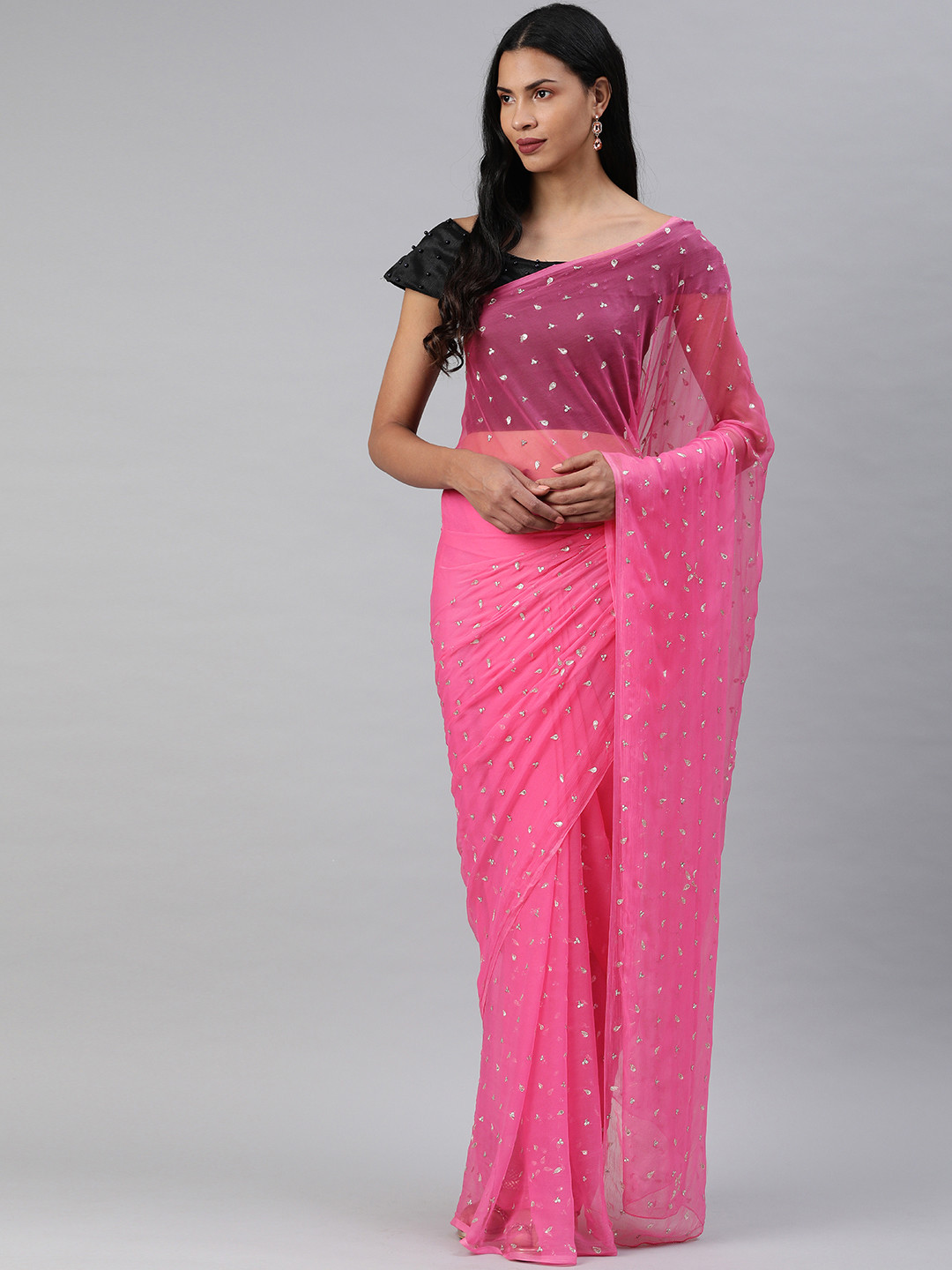 Geroo Jaipur Hand Embroidered Pink Sequins Pure Chiffon Saree