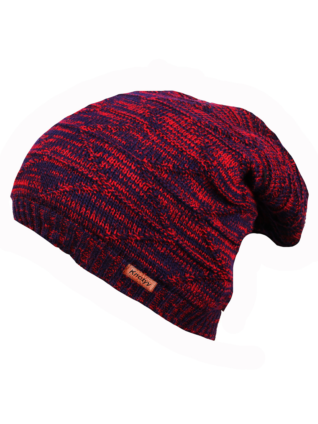 Knotyy Men Red & Navy Blue Self-Design Beanie Cap