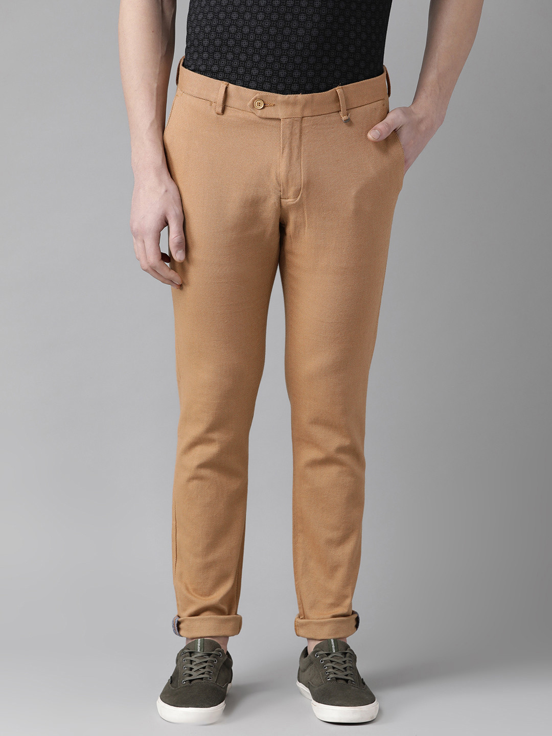 Blackberrys Men Khaki Sharp Phoenix  Skinny Fit Self Design Regular Trousers