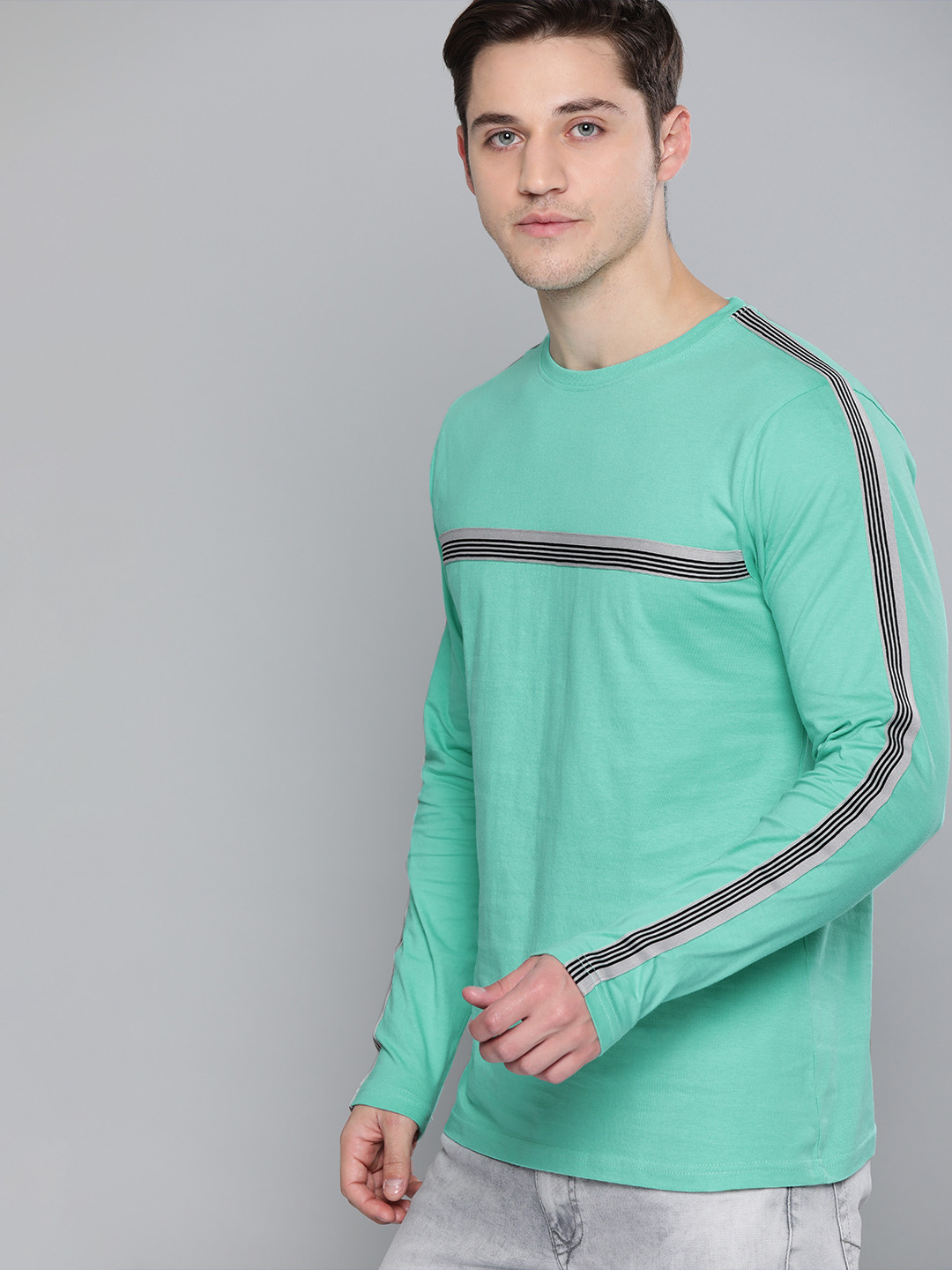 Difference of Opinion Men Sea Green Striped Round Neck Pure Cotton T-shirt