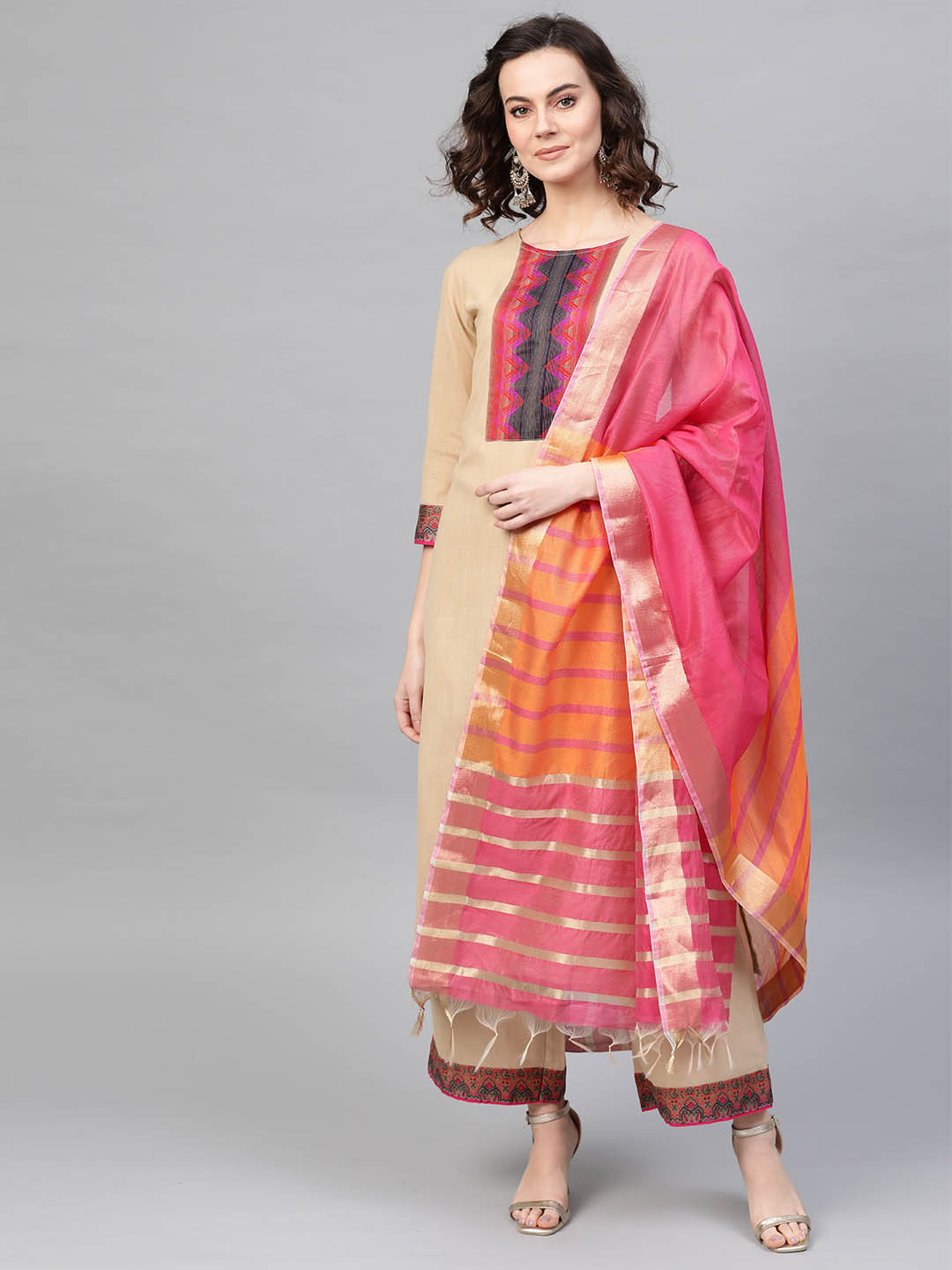 Indo Era Women Beige & Pink Yoke Design Kurta with Palazzos & Dupatta