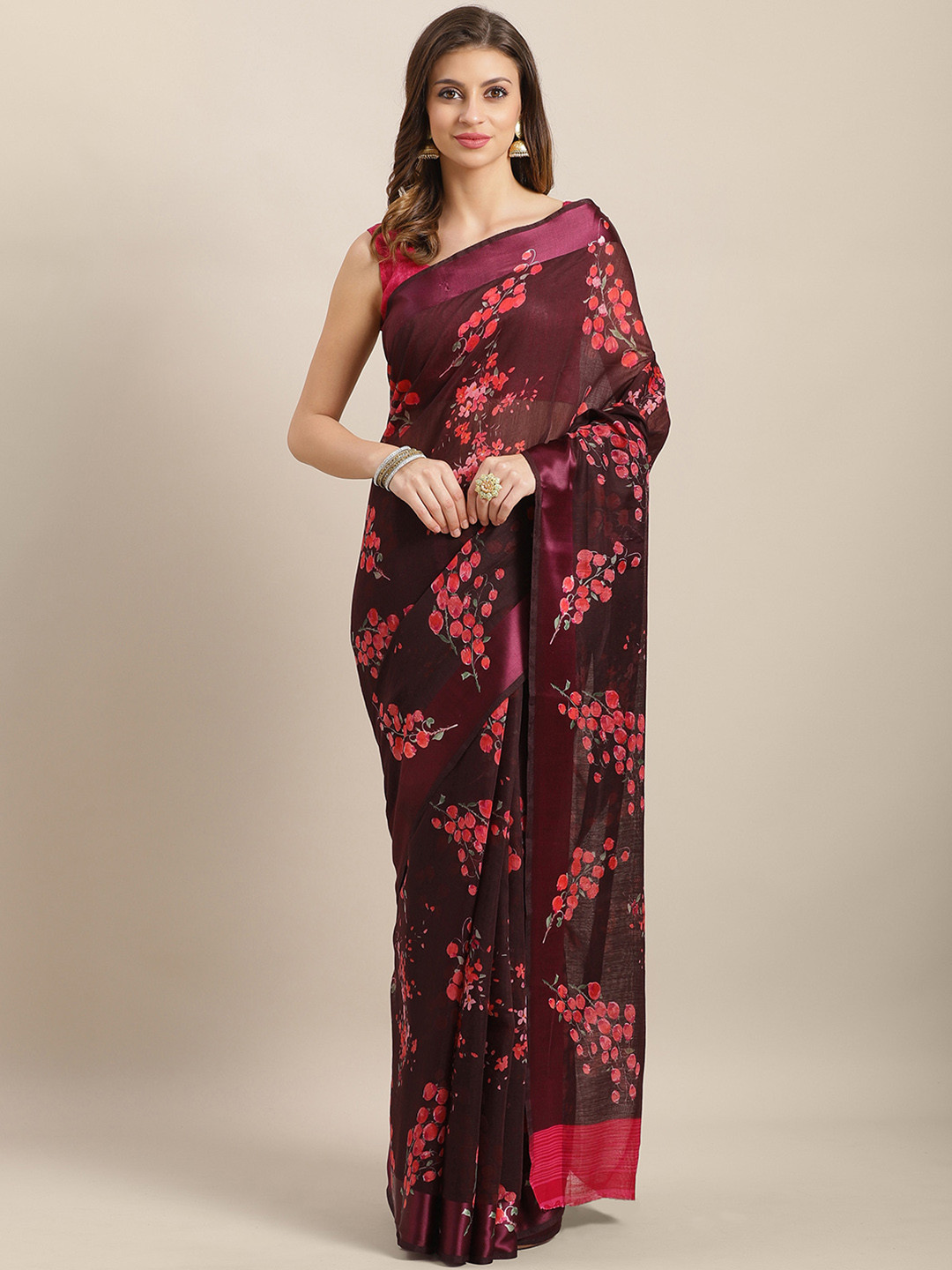Saree mall Burgundy & Pink Printed Saree