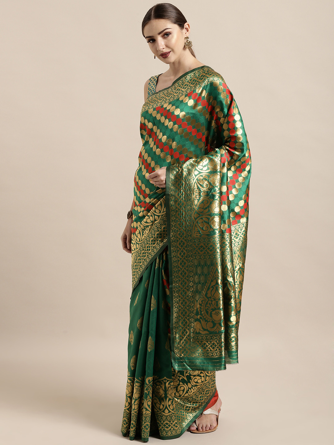 Satrani Green & Golden Poly Silk Woven Design Banarasi Saree