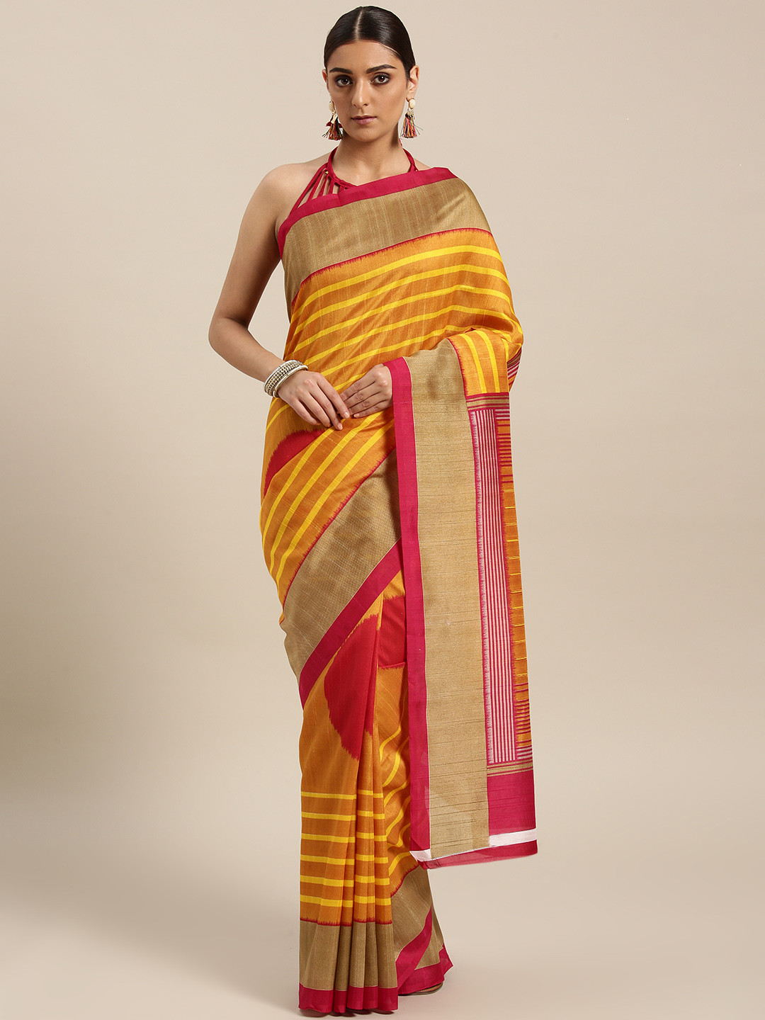 Saree mall Mustard Yellow & Red Striped Bhagalpuri Saree