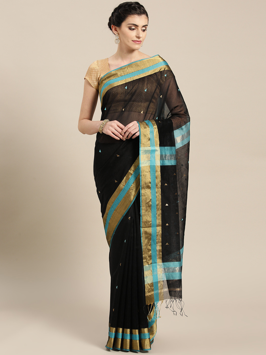 lal10 Black & Golden Handloom Woven Design Maheshwari Saree