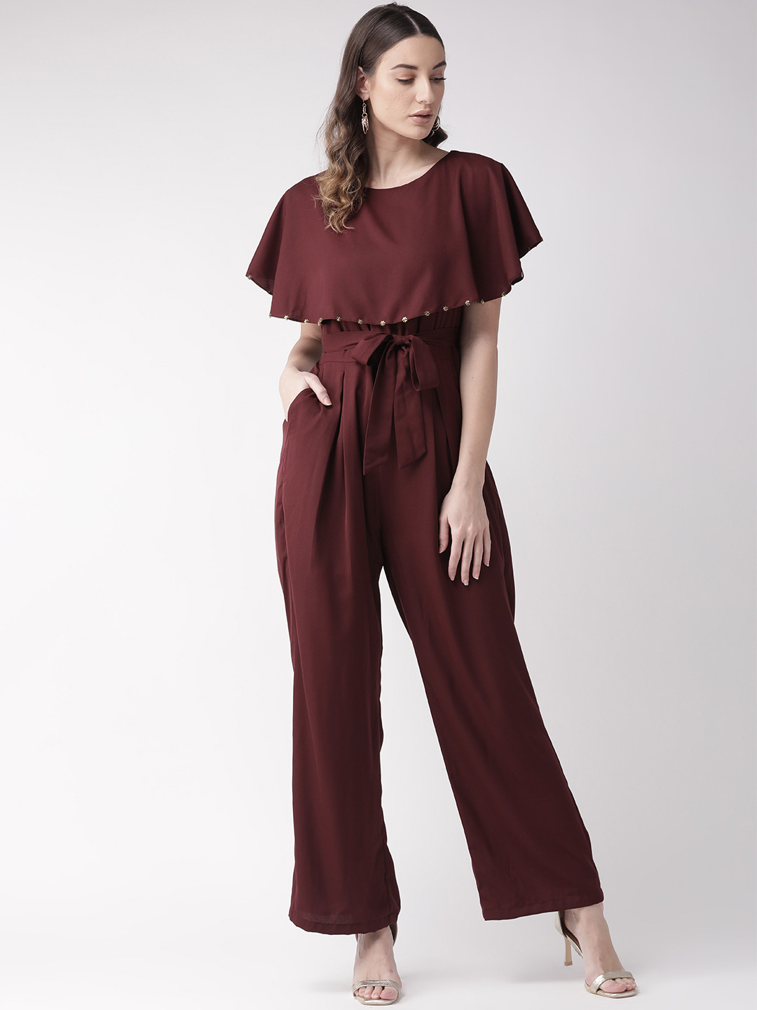 Antheaa Women Burgundy Solid Basic Layered Jumpsuit