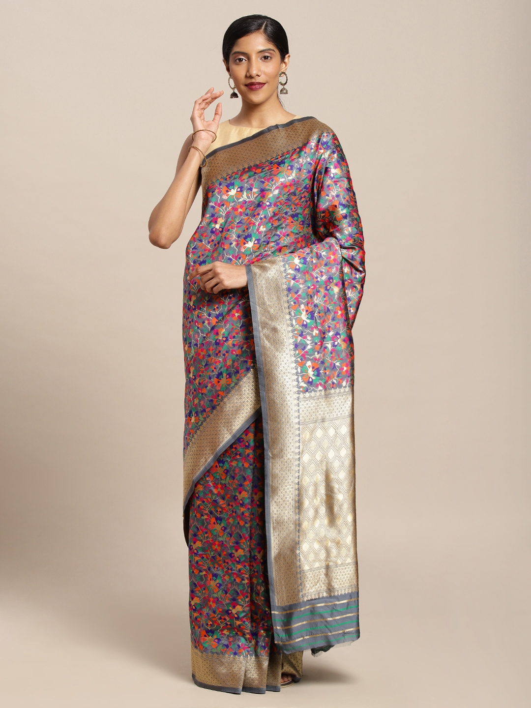 Buy Mitera Grey Silk Blend Woven Design Kanjeevaram Saree Sarees for Women 11087238 Myntra