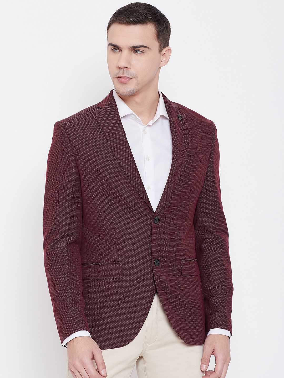 Blackberrys Men Burgundy Slim Fit Self-Design Single Breasted Smart Casual Blazer