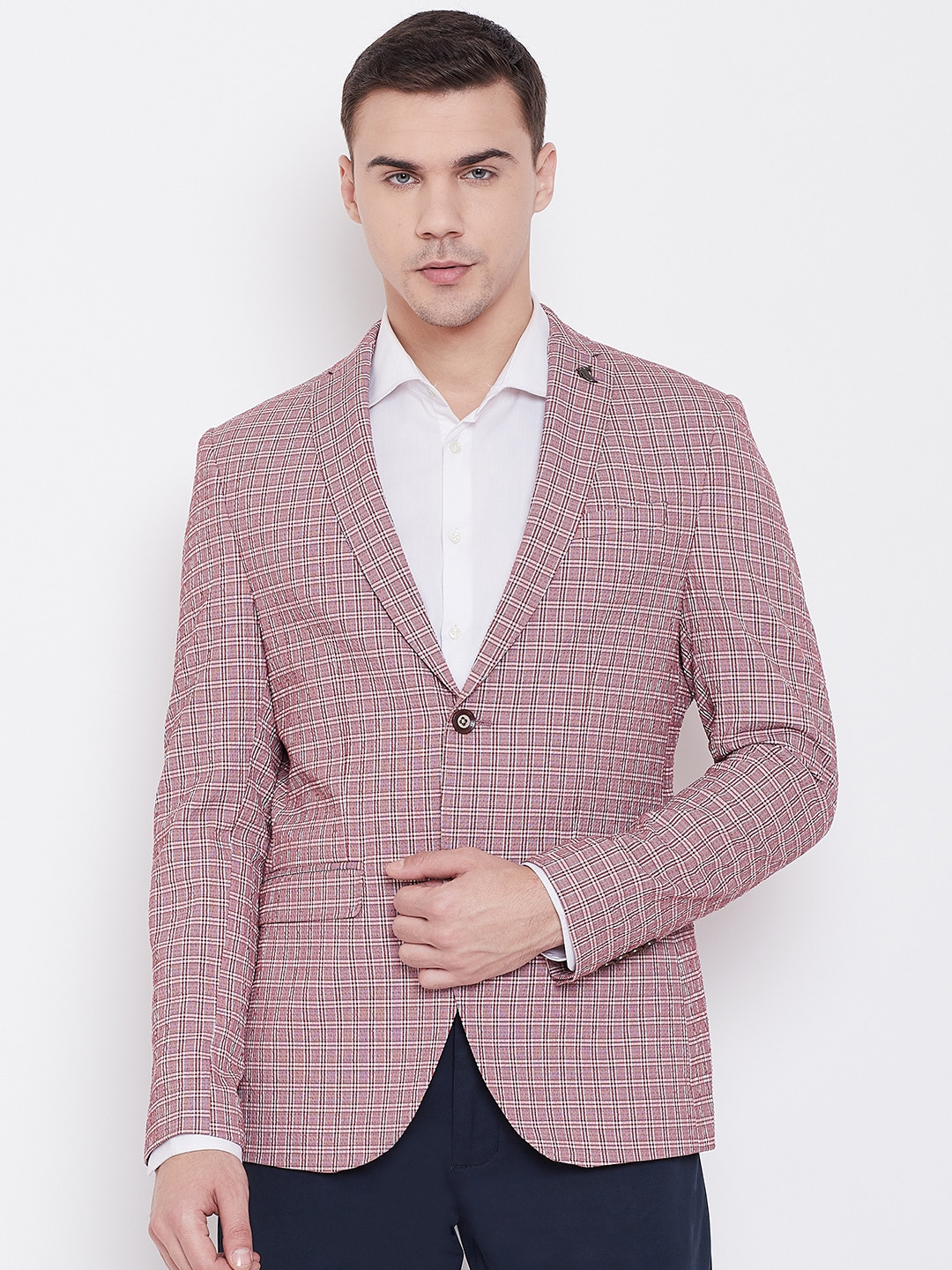 Blackberrys Men Red & Grey Slim Fit Checked Single-Breasted Blazer