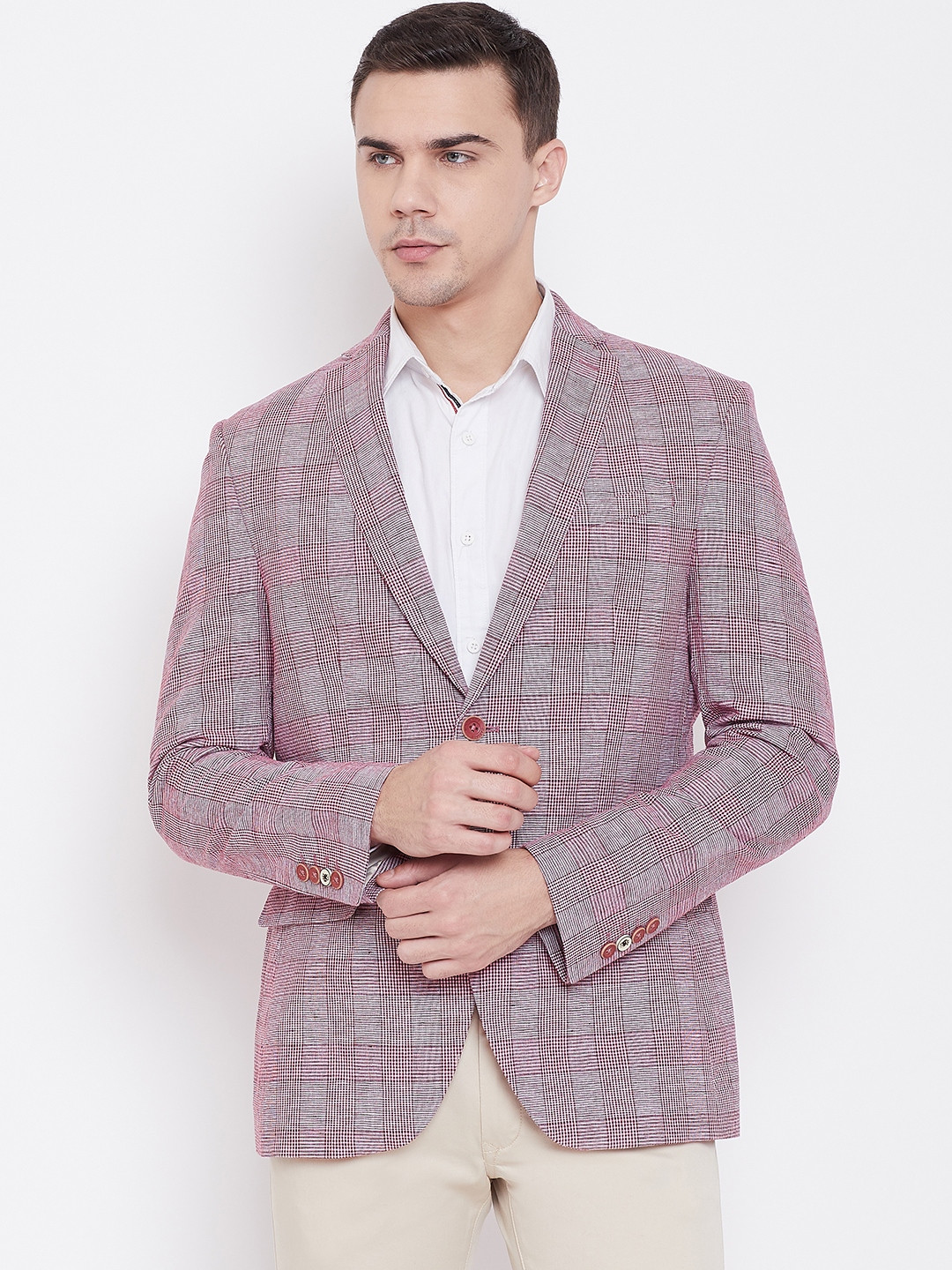 Blackberrys Men Pink & Off-White Slim Fit Self Checked Casual Blazer