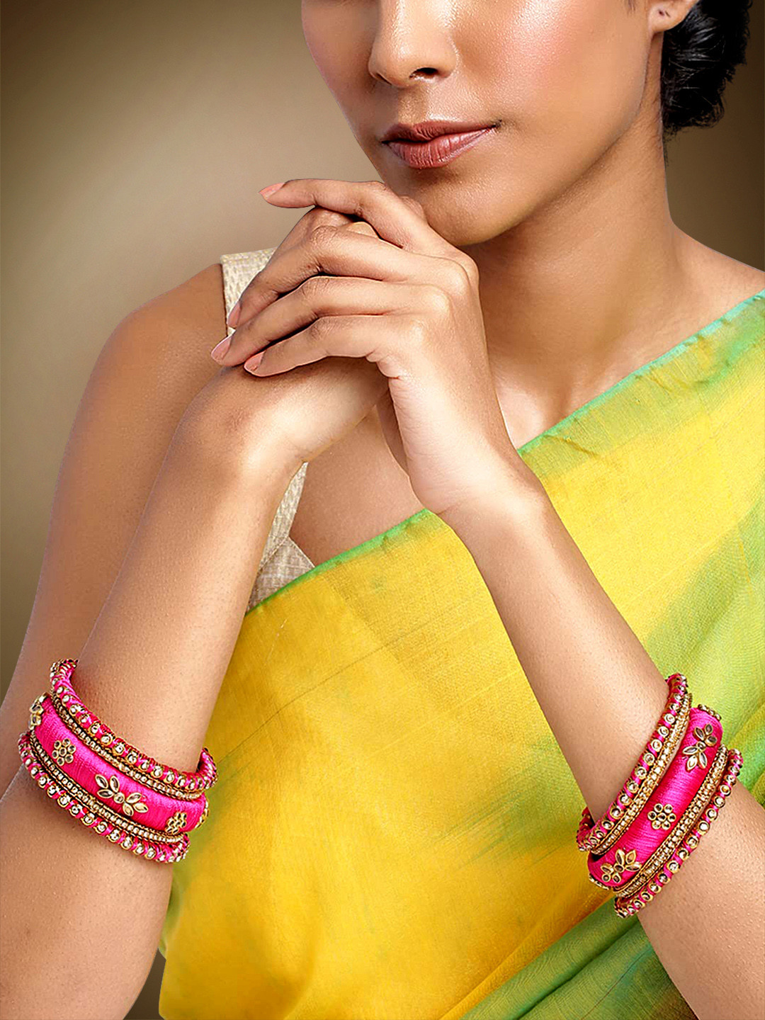 Peora Set Of 10 Magenta Gold-Plated Designer Silk Thread Bangles