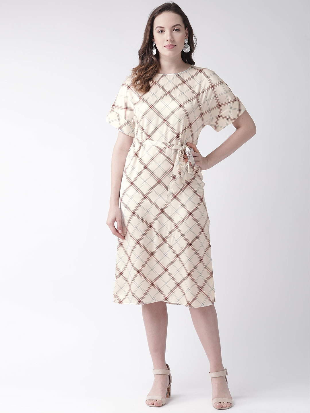 Marks & Spencer Women Off-White Silk Checked A-Line Dress