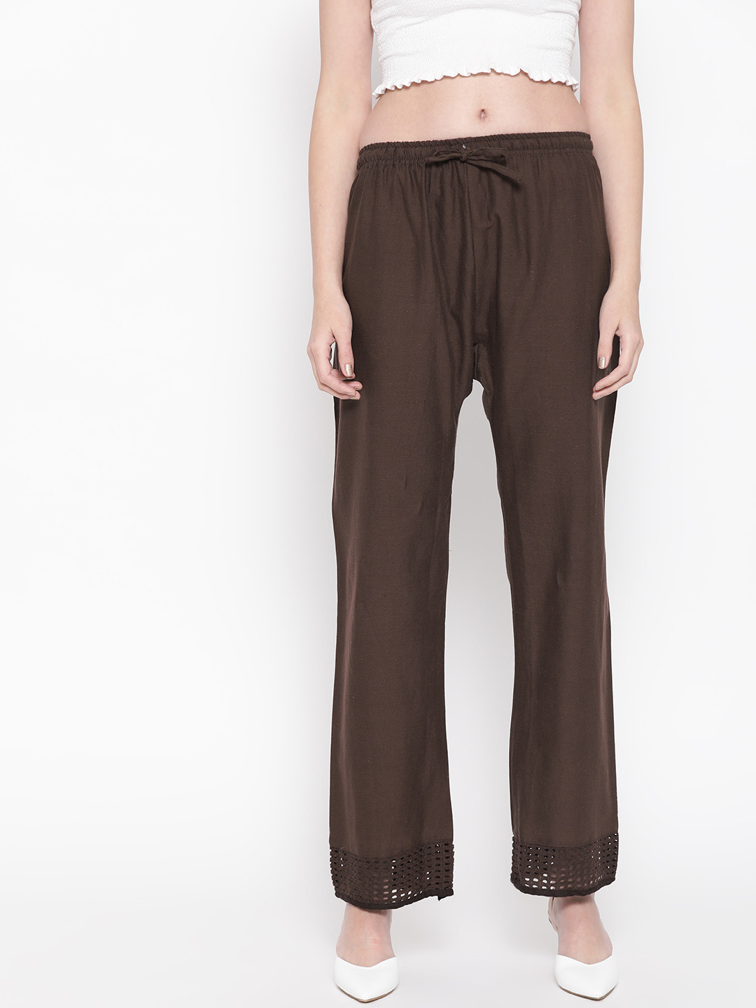 Vastraa Fusion Women Solid Coffee Bown Straight Ethnic Embroidery Lace Pure Cotton Palazzo