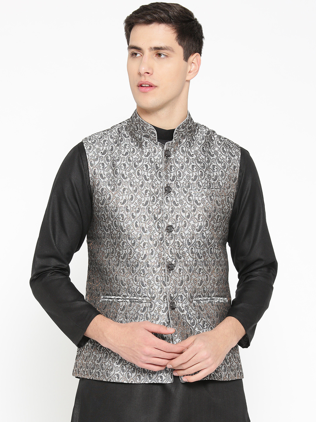 Badoliya & Sons Men Grey & Black Zari Woven Design Nehru Jacket