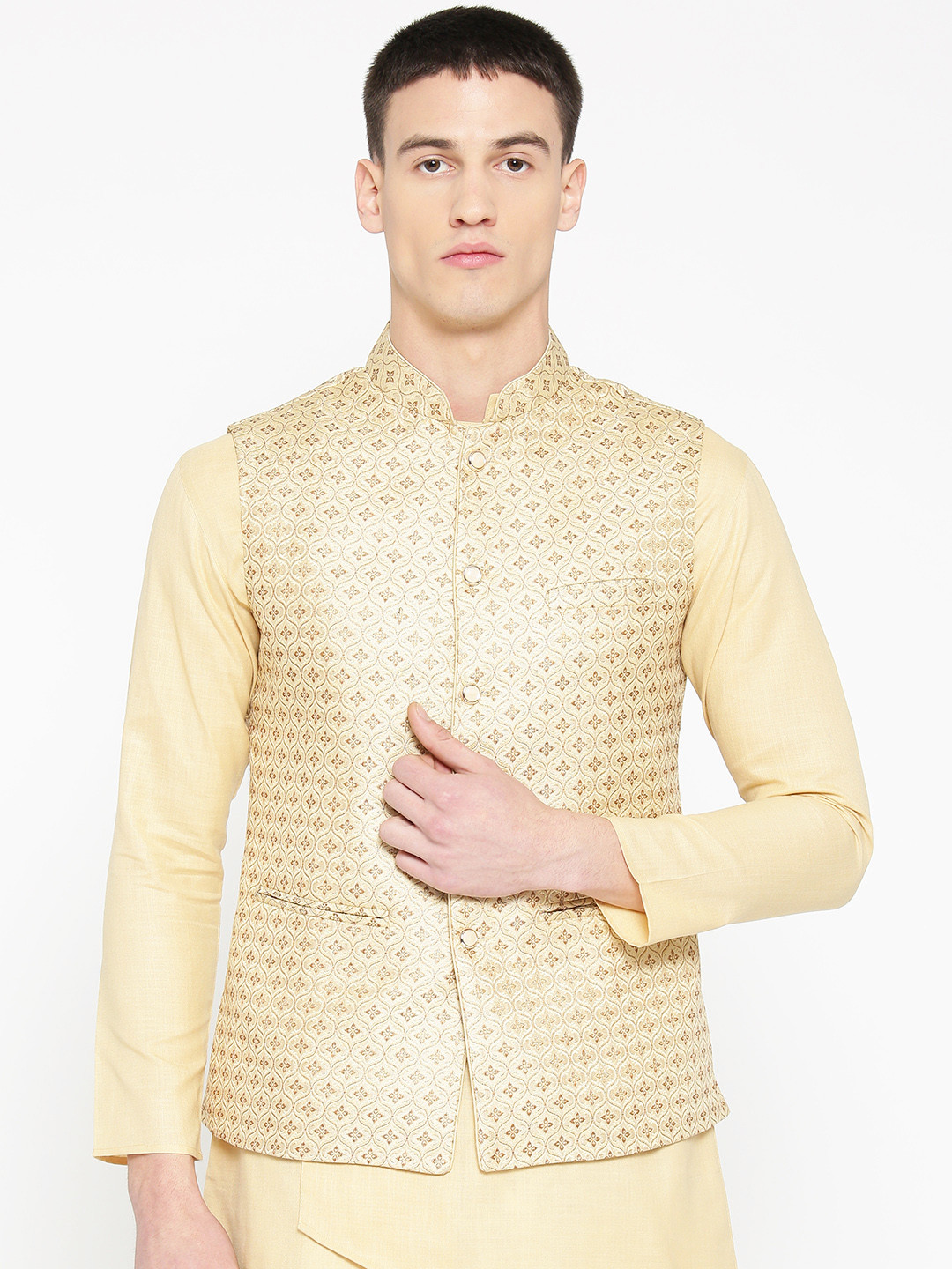 Badoliya & Sons Men Cream-Coloured & Brown Zari Woven Design Nehru Jacket