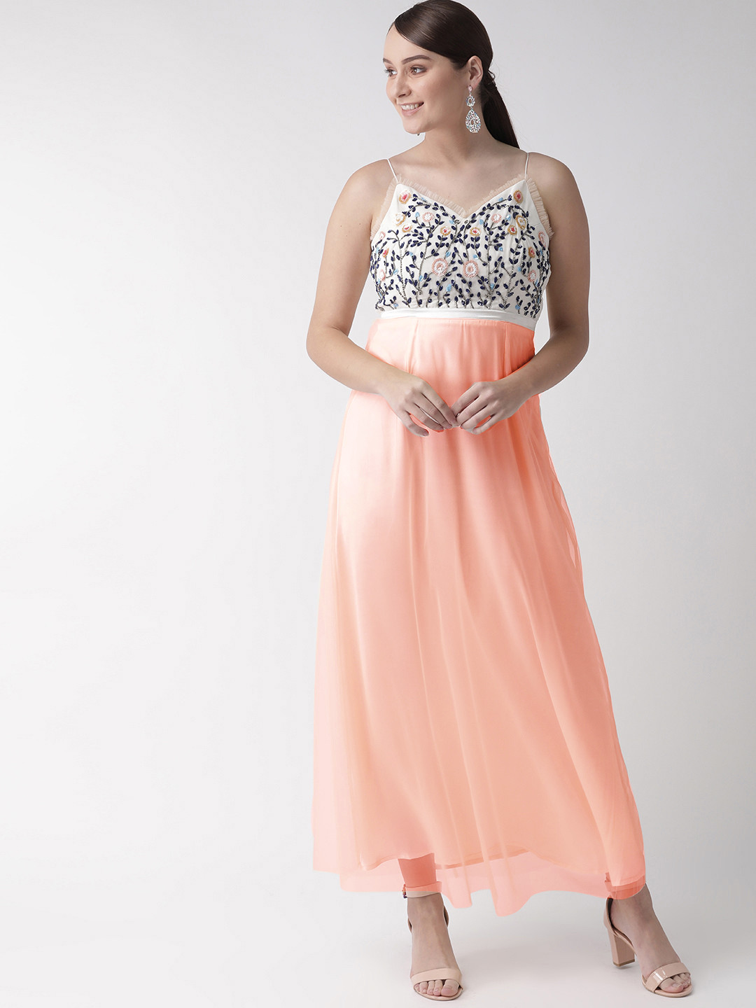 MISH Women Peach-Coloured Solid Net Maxi Dress