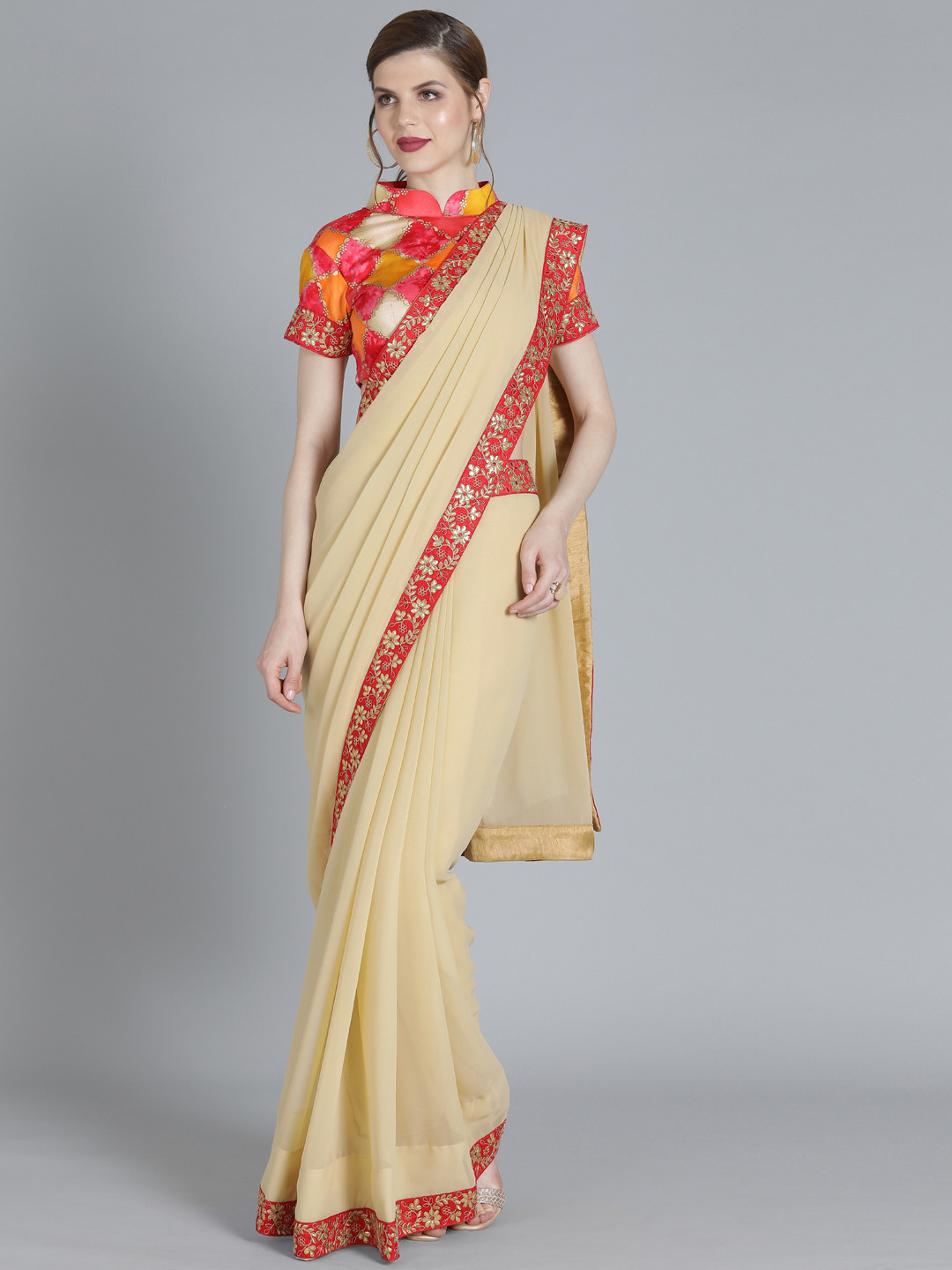 Ethnovog Beige  Red Poly Georgette Solid Made To Measure Saree With Blouse