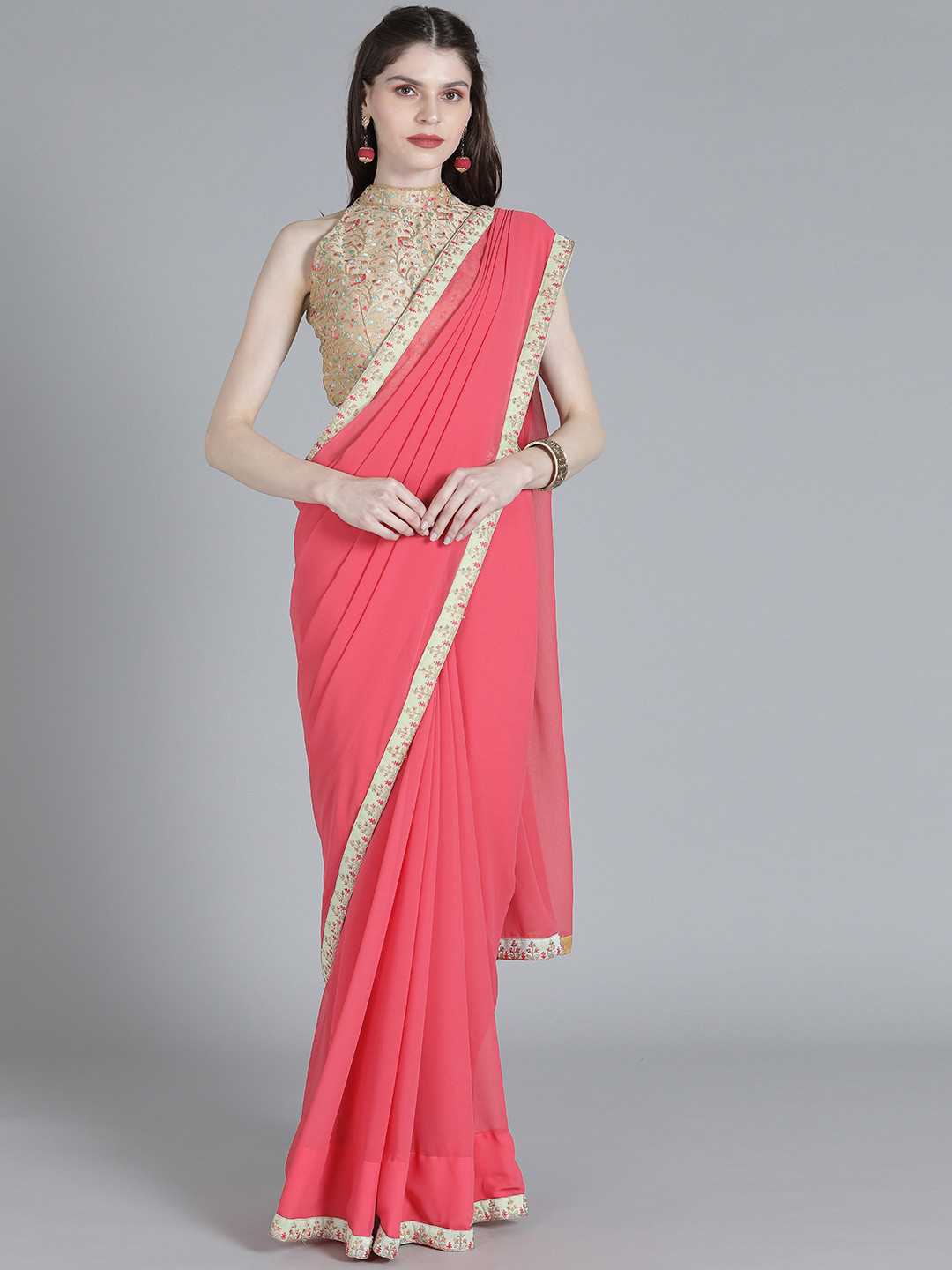 Ethnovog Pink Solid Poly Georgette Saree