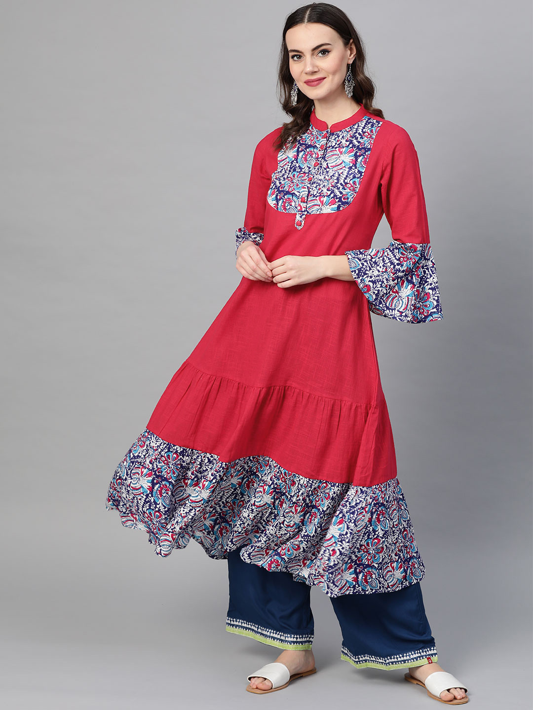 YASH GALLERY Women Pink & Blue Ajrkah Yoke-Design Tiered A-Line Kurta