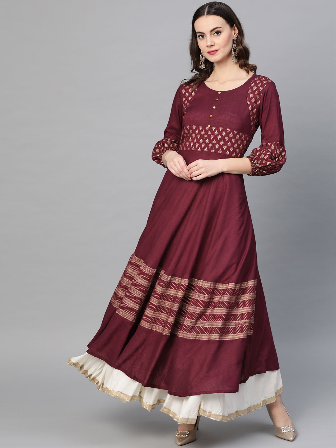 YASH GALLERY Women Burgundy & Golden Foil Print Anarkali Kurta