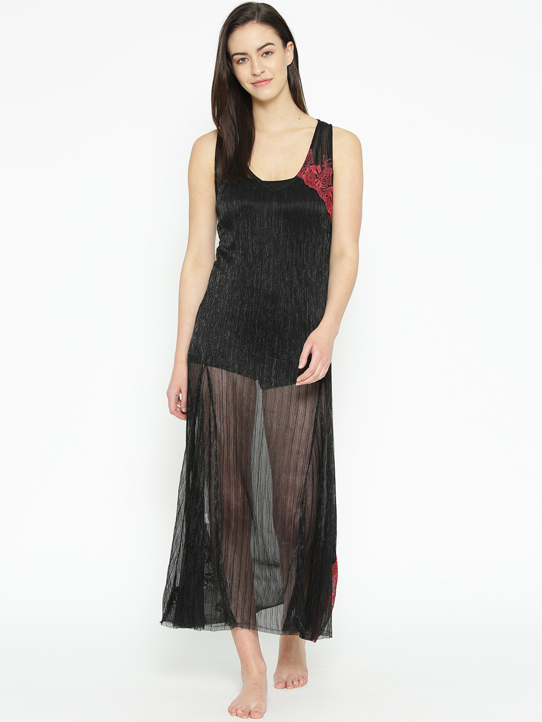 Aoba Black Solid Sheer Nightdress