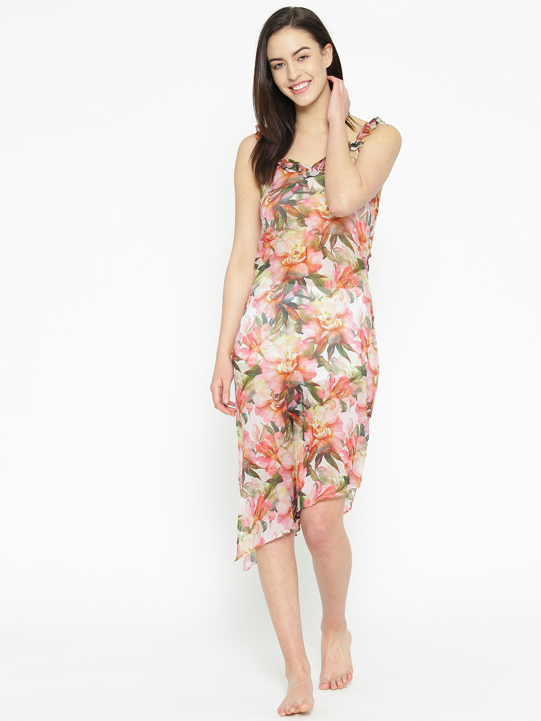 Aoba Women Pink & Green Floral Print Semi-Sheer Swimwear Cover-Up Dress