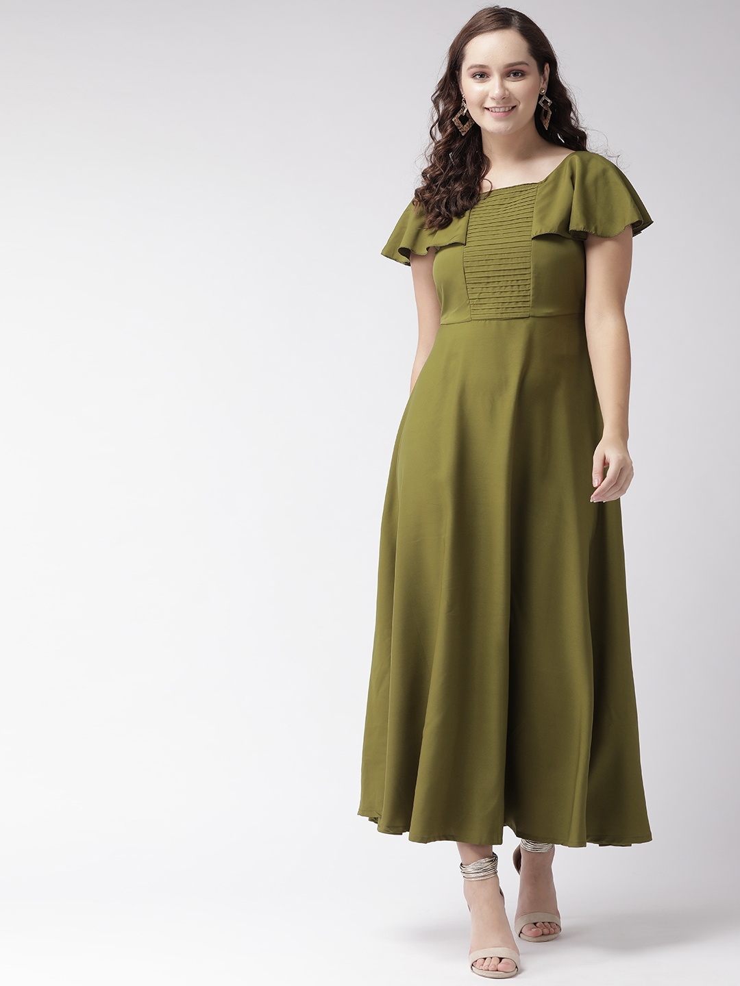 U&F Women Olive Green Solid Maxi Dress